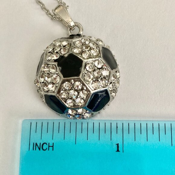 Soccer Ball Black Enamel Clear Crystal Silver Chain Necklace Jewelry Futball 19" - Picture 9 of 9